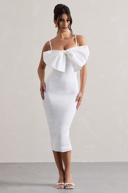 Love Poem | White Bodycon Midi Dress With Oversized Bow