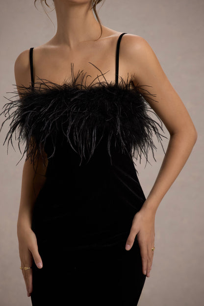 Kalena | Black Velvet Feather Trim Midi Dress