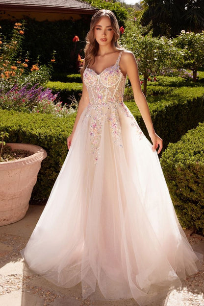A1288 A- DRESS WITH MULTI COLORED FLORAL EMBELLISHMENT ANDREA & LEO