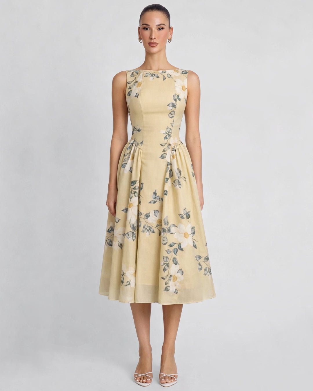 Anelis Floral Chiffon Midi Dress Lemon Yellow