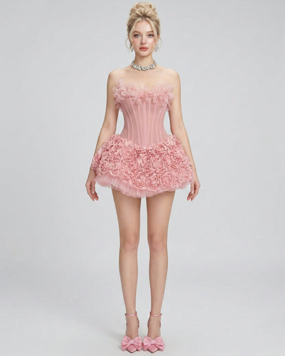 Aveta 3D Floral Mini Dress Coral Pink