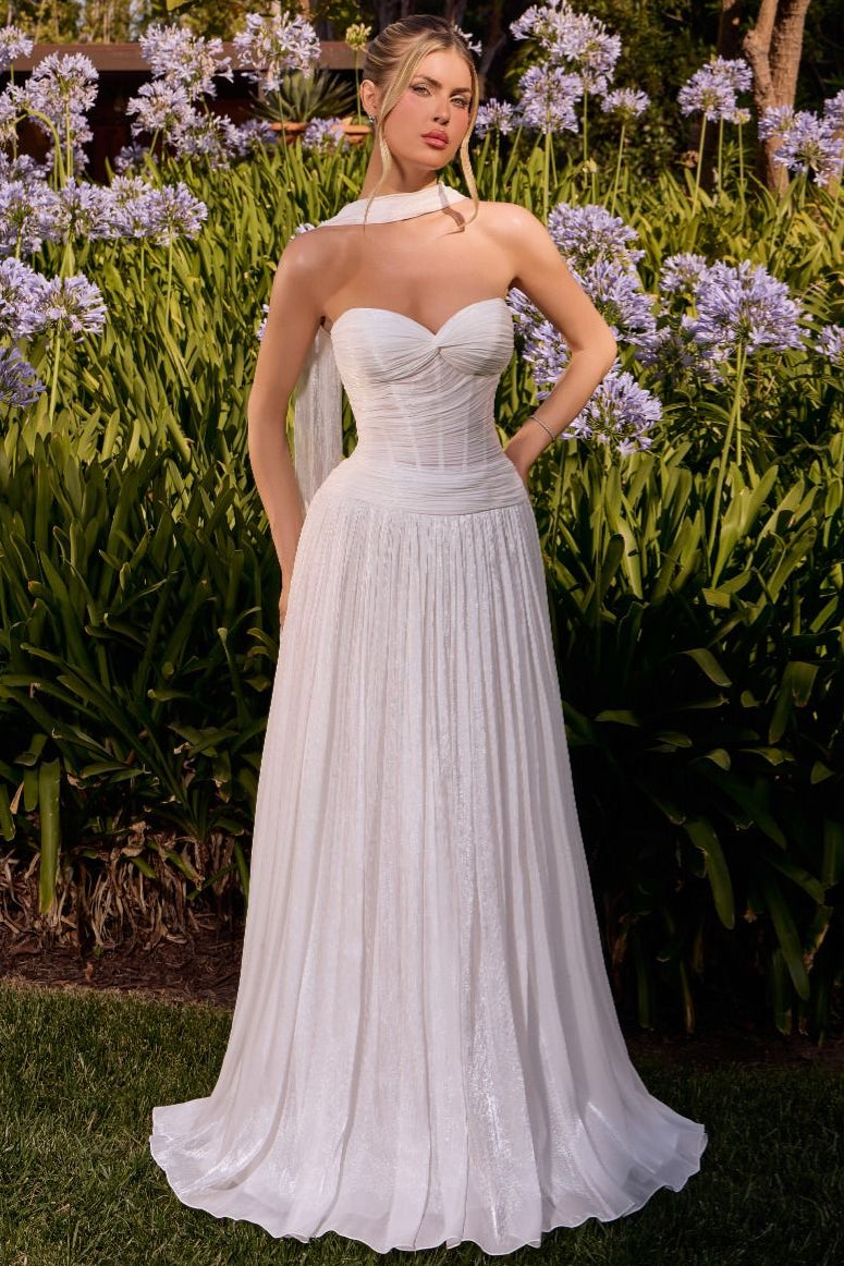 Linnea Gown Off White Shimmer Chiffon Dress with Scarf
