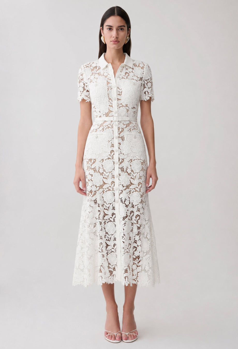 Deanna White Lace Collar Midi Dress with Short Sleeves