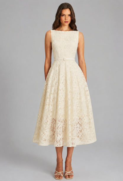 Ellis Cream Floral Lace Midi Dress for Formal Cocktail Parties
