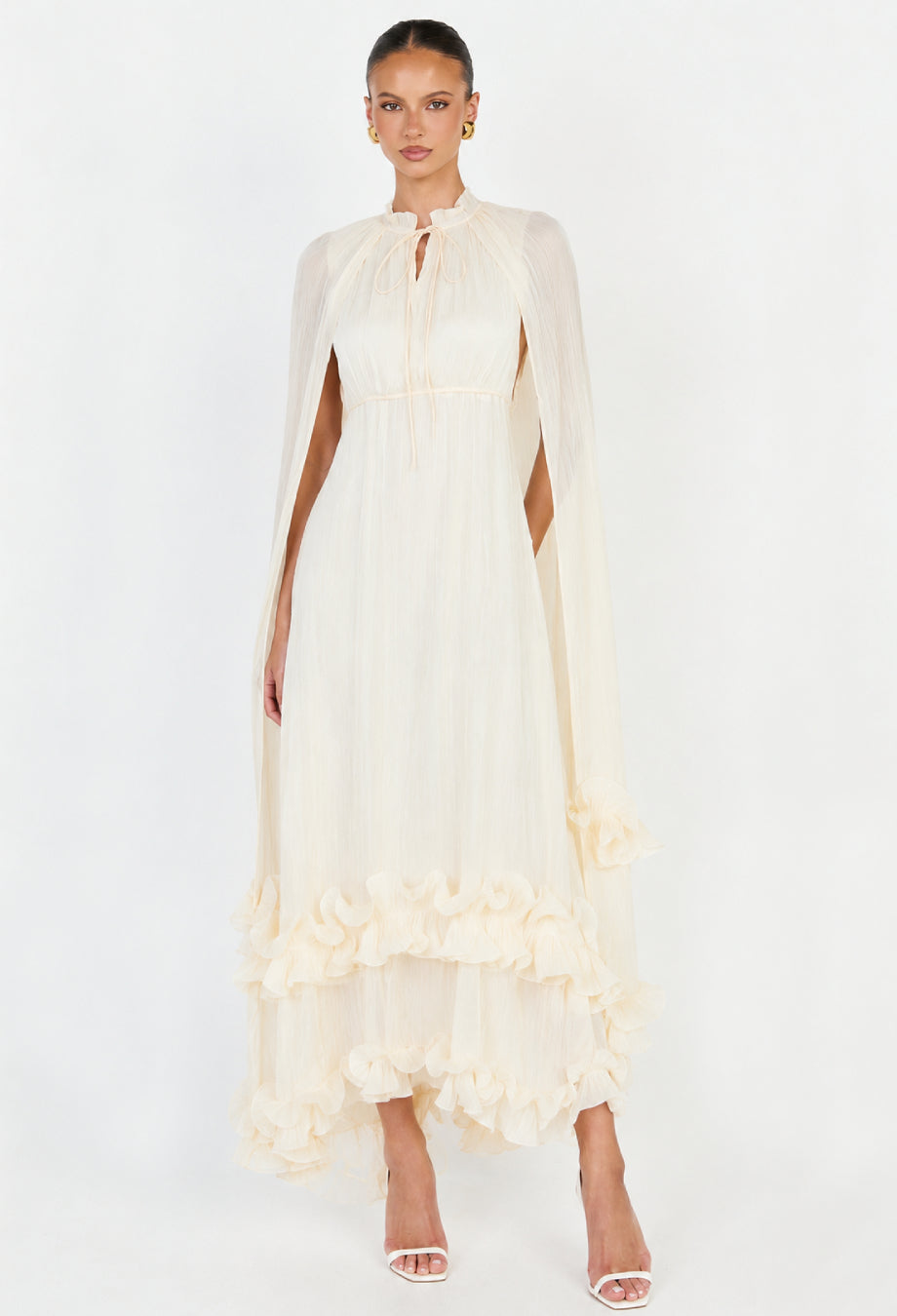 Gabrielle White Ruffle Maxi Dress with Pleated Cape Shawl