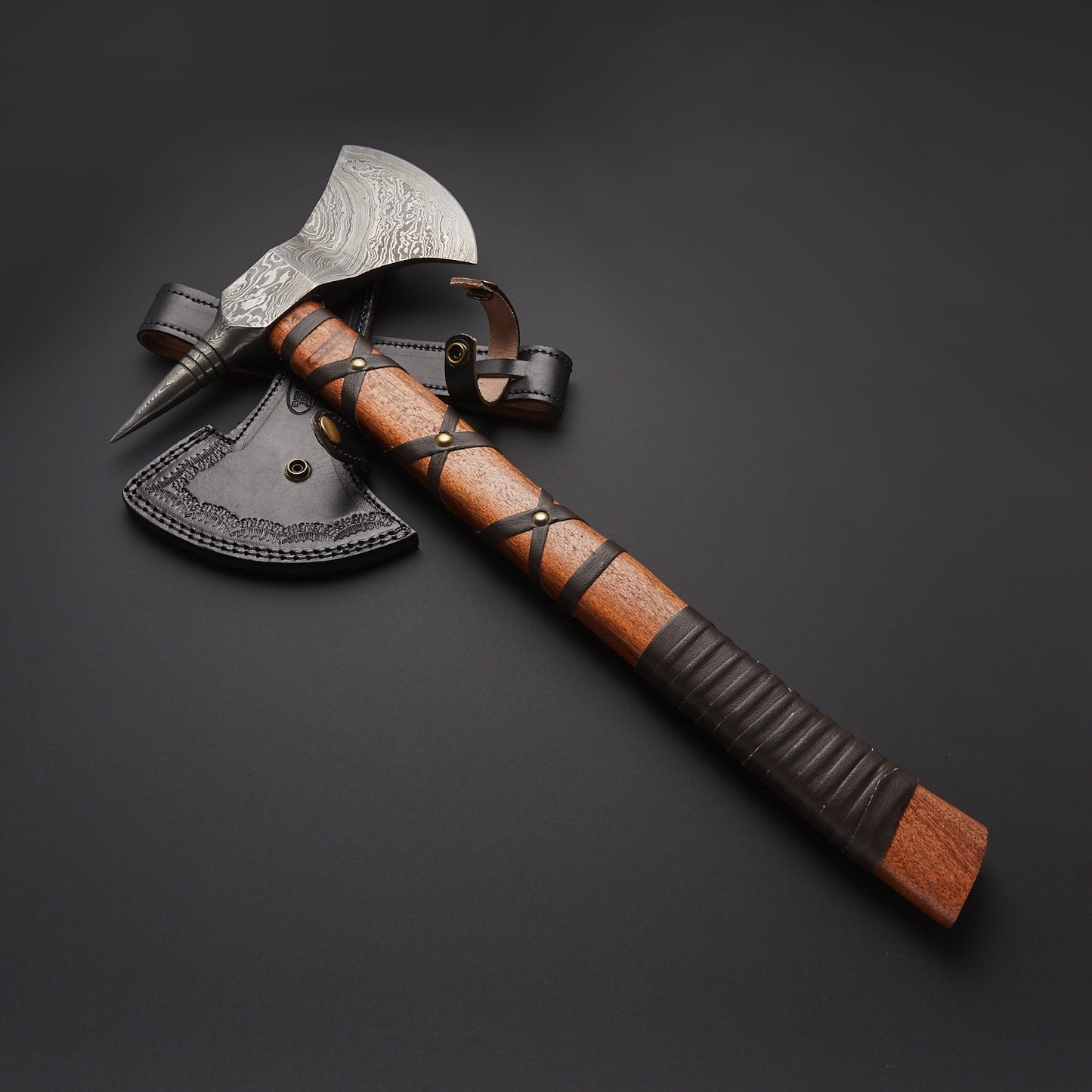 Custom Handmade Beautiful Damascus Steel hunting axe with Natural Wood Leather Strapp