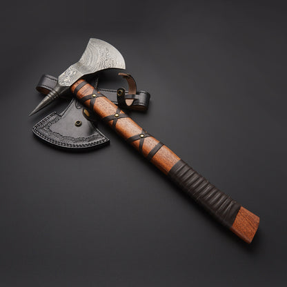 Custom Handmade Beautiful Damascus Steel hunting axe with Natural Wood Leather Strapp