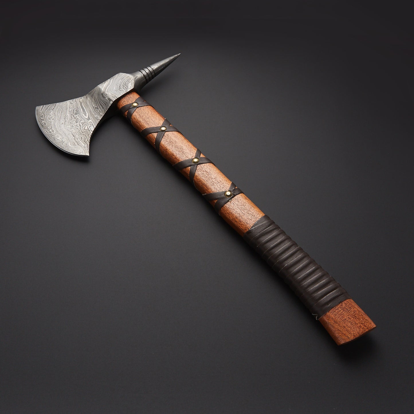 Custom Handmade Beautiful Damascus Steel Hunting Axe With Natural Wood Leather Strapp 1