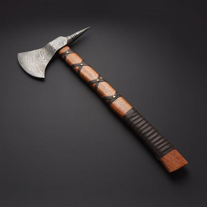 Custom Handmade Beautiful Damascus Steel Hunting Axe With Natural Wood Leather Strapp 1