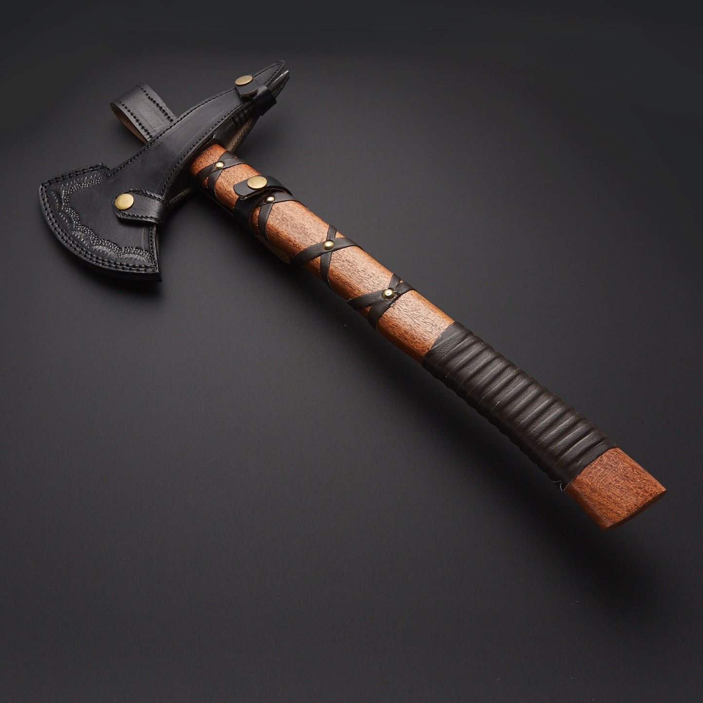 Custom Handmade Beautiful Damascus Steel Hunting Axe With Natural Wood Leather Strapp 2