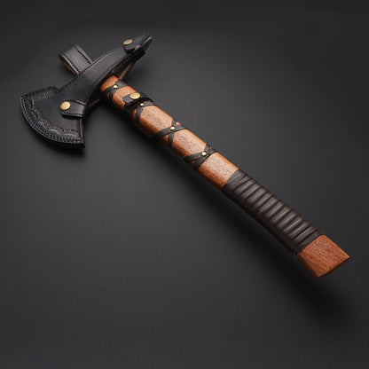 Custom Handmade Beautiful Damascus Steel Hunting Axe With Natural Wood Leather Strapp 2