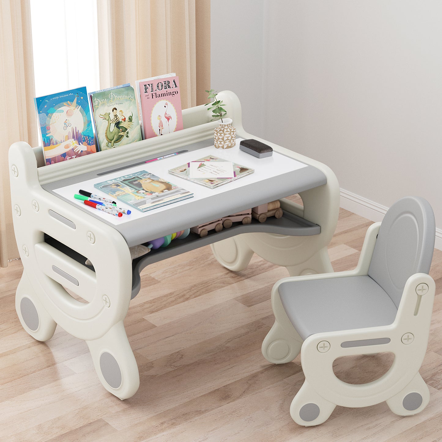 Kids Drawing Table and Chair Set with Pens & Blackboard Eraser, Magnetic Toddlers Art Activity Table Set