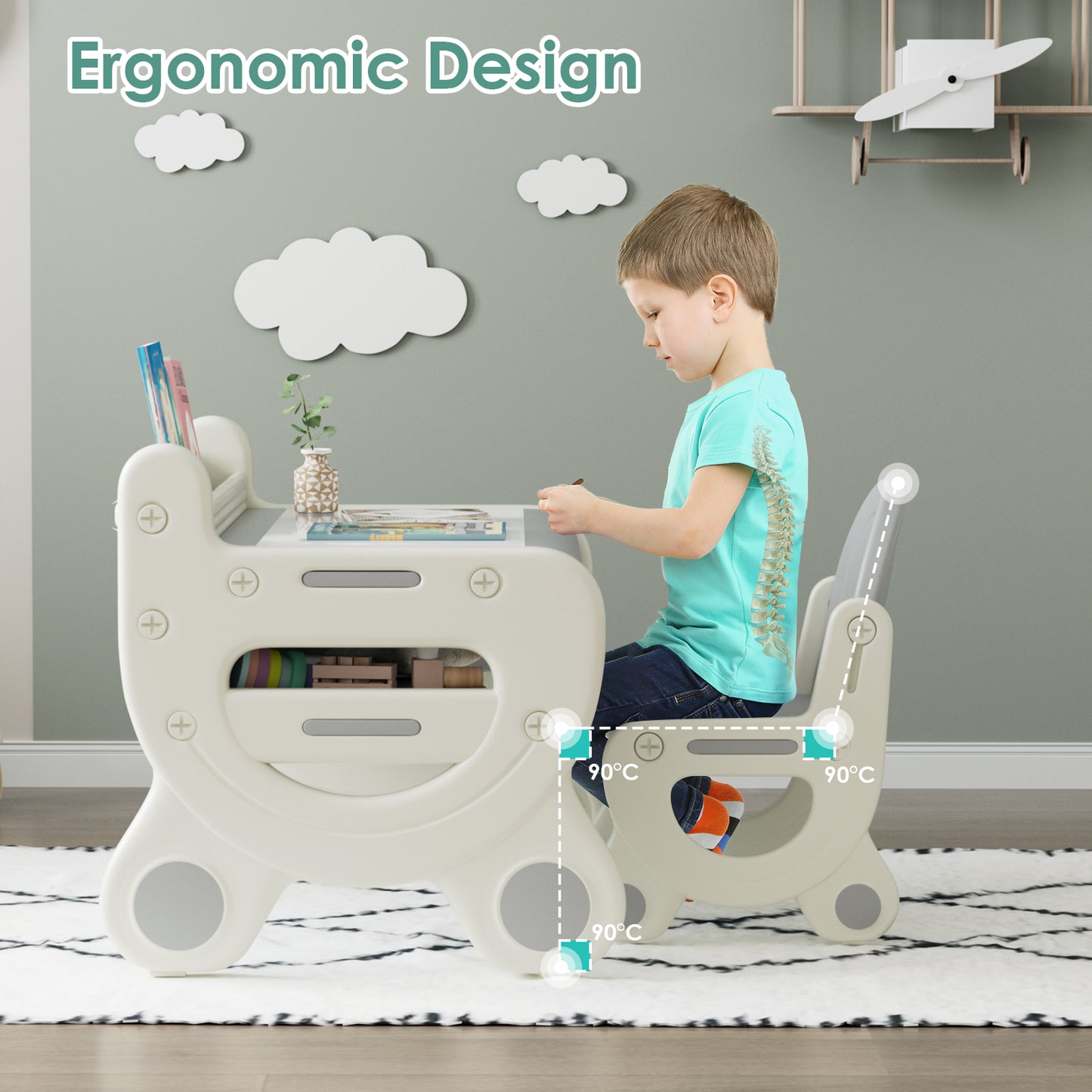 Kids Drawing Table and Chair Set with Pens & Blackboard Eraser, Magnetic Toddlers Art Activity Table Set