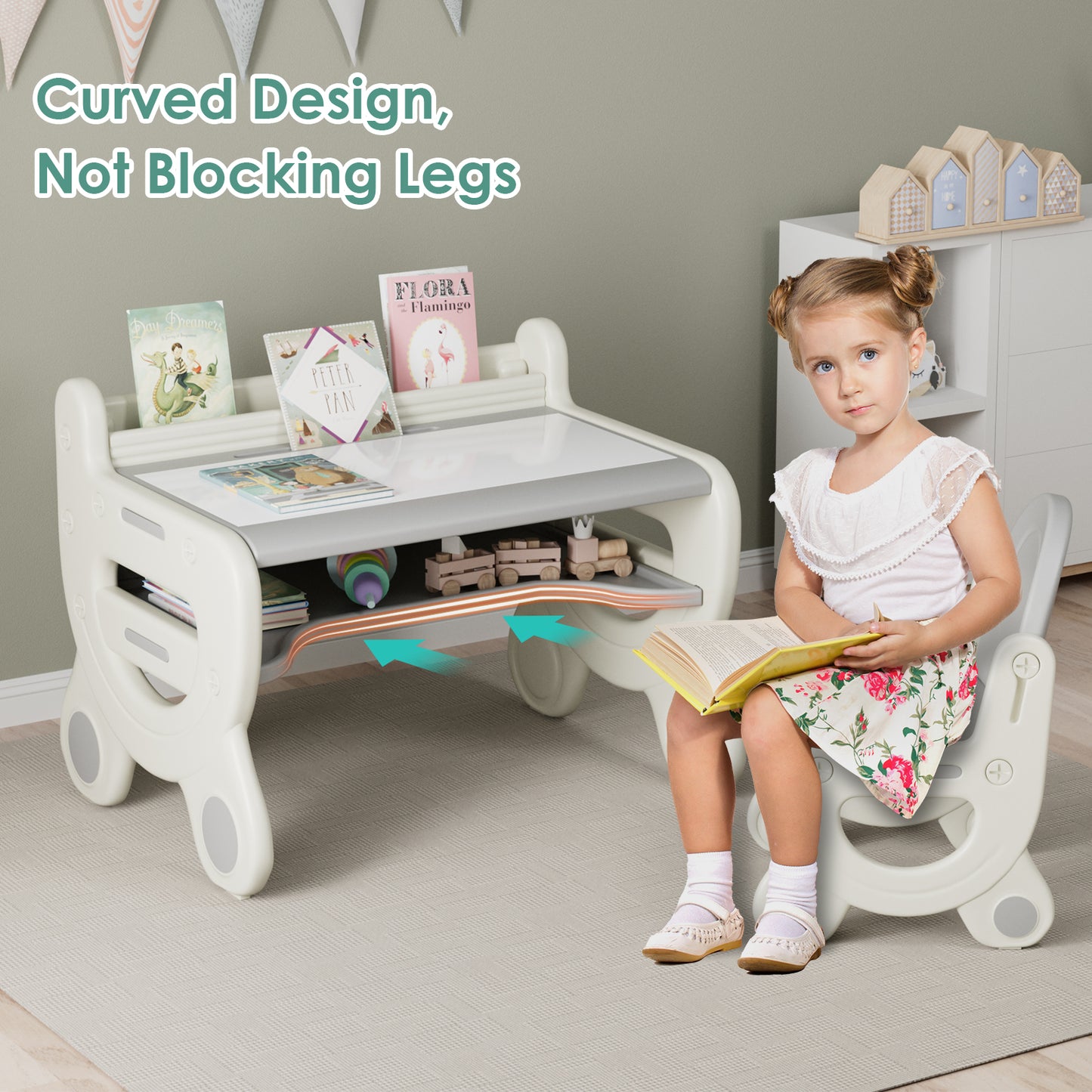 Kids Drawing Table and Chair Set with Pens & Blackboard Eraser, Magnetic Toddlers Art Activity Table Set