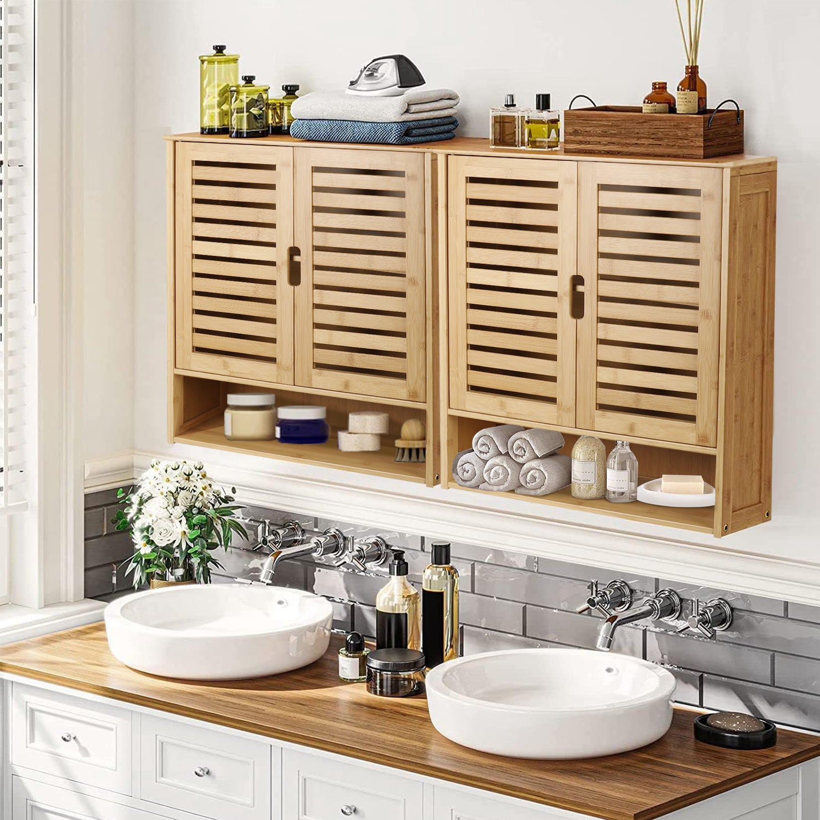 Wall Mounted Bathroom Cabinet Storage, Multifunctional Bamboo Medicine Cabinet Shelf for Eco-Friendly Home Organization