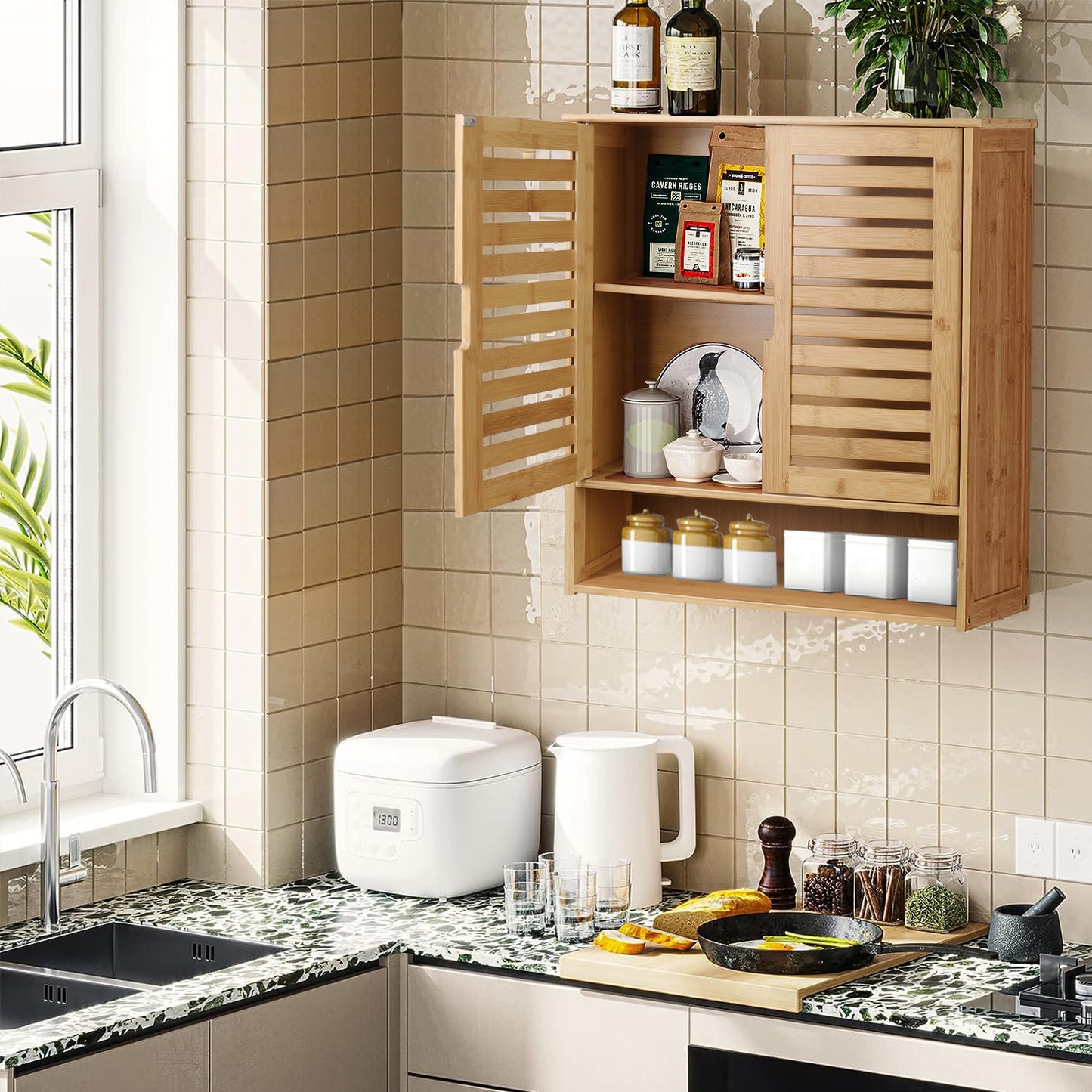 Wall Mounted Bathroom Cabinet Storage, Multifunctional Bamboo Medicine Cabinet Shelf for Eco-Friendly Home Organization