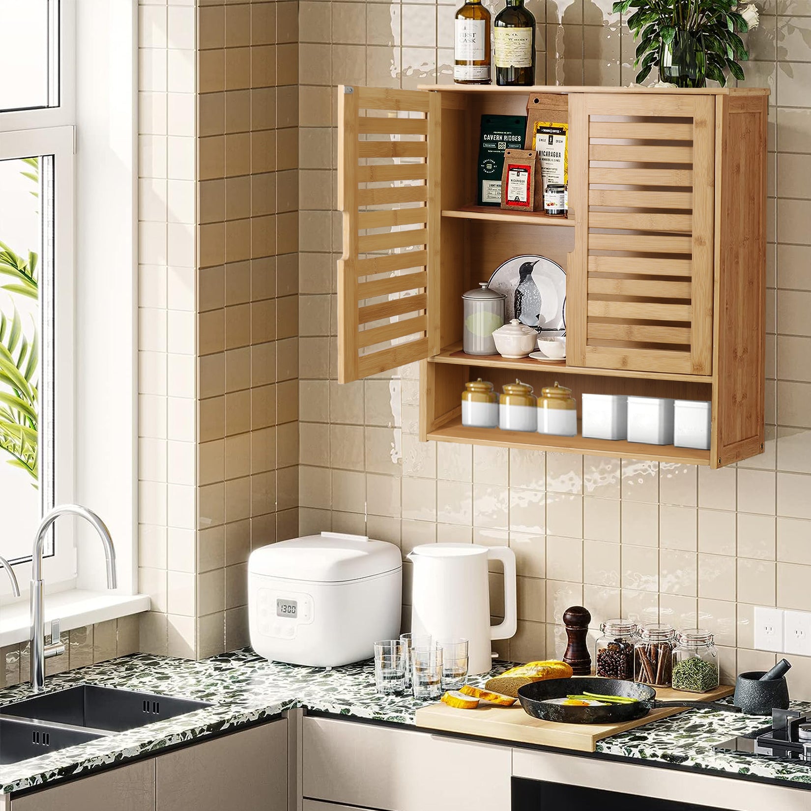 Wall Mounted Bathroom Cabinet Storage, Multifunctional Bamboo Medicine Cabinet Shelf for Eco-Friendly Home Organization
