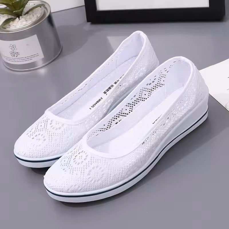 White Lace Hollow Breathable Summer Sneakers with Mid Wedge Heel for Women