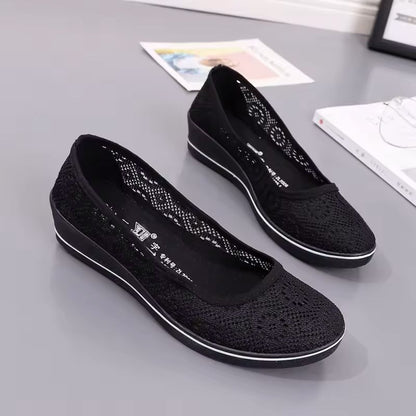 White Lace Hollow Breathable Summer Sneakers With Mid Wedge Heel For Women 3