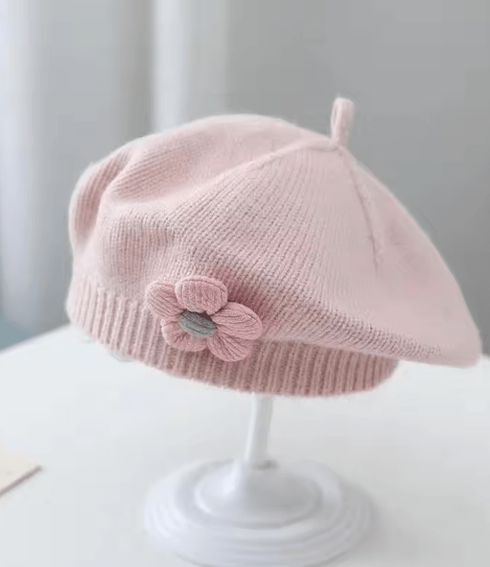 Knitted Baby Beret Hat With Flower Accent  Warm Toddler Girl Winter Beanie Cap 2