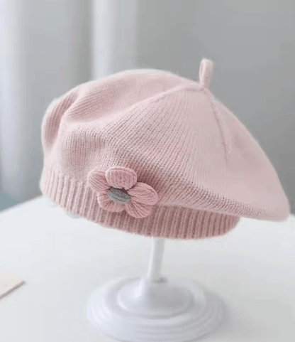 Knitted Baby Beret Hat With Flower Accent  Warm Toddler Girl Winter Beanie Cap 2