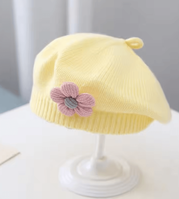 Knitted Baby Beret Hat With Flower Accent  Warm Toddler Girl Winter Beanie Cap 3