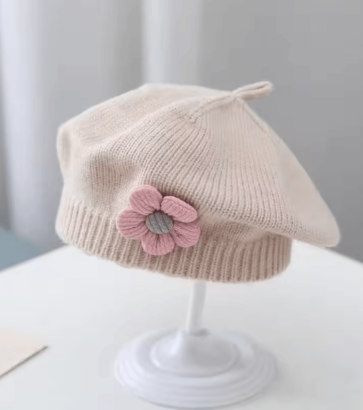Knitted Baby Beret Hat With Flower Accent  Warm Toddler Girl Winter Beanie Cap 4