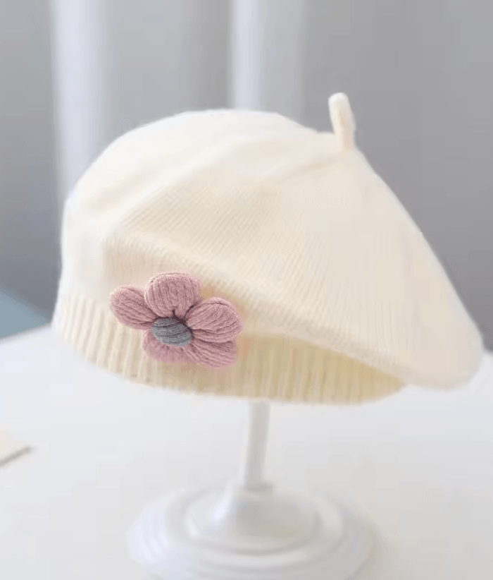 Knitted Baby Beret Hat With Flower Accent  Warm Toddler Girl Winter Beanie Cap 5