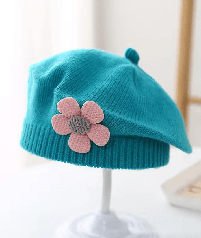 Knitted Baby Beret Hat With Flower Accent  Warm Toddler Girl Winter Beanie Cap 6