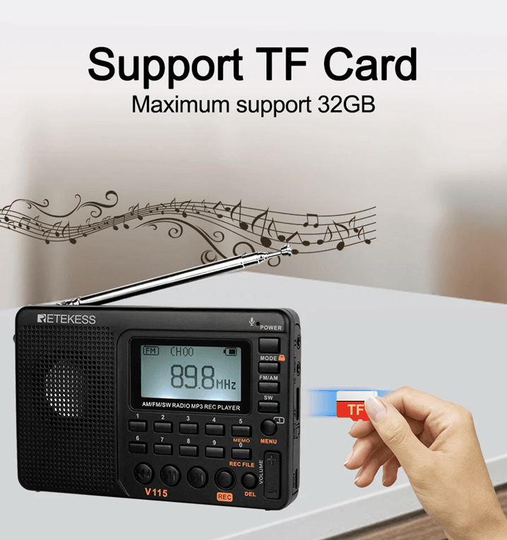 RETEKESS V115 Portable Radio With FM AM SW Bands  Rechargeable USB MP3 Recorder And Speaker For Hom 4