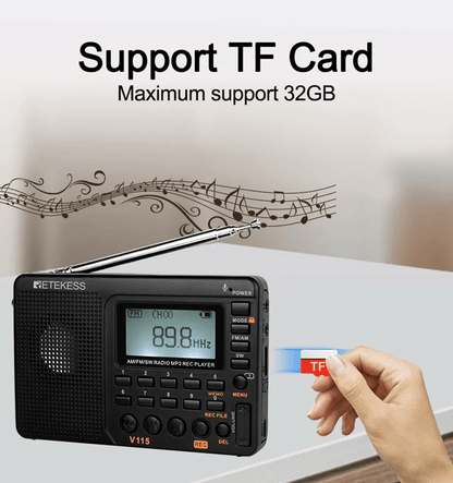 RETEKESS V115 Portable Radio With FM AM SW Bands  Rechargeable USB MP3 Recorder And Speaker For Hom 4