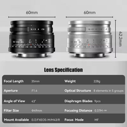 35mm F14 Prime Camera Lens For Sony Fujifilm Nikon Canon Mirrorless 3
