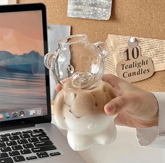 Cute Bear Glass Coffee Mug with Straw for Kids and Women