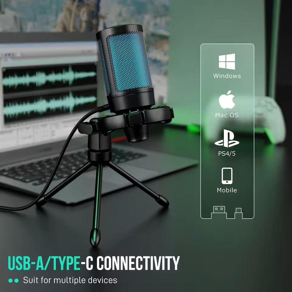 RGB USB Gaming Microphone with Touch Mute and Tripod Stand