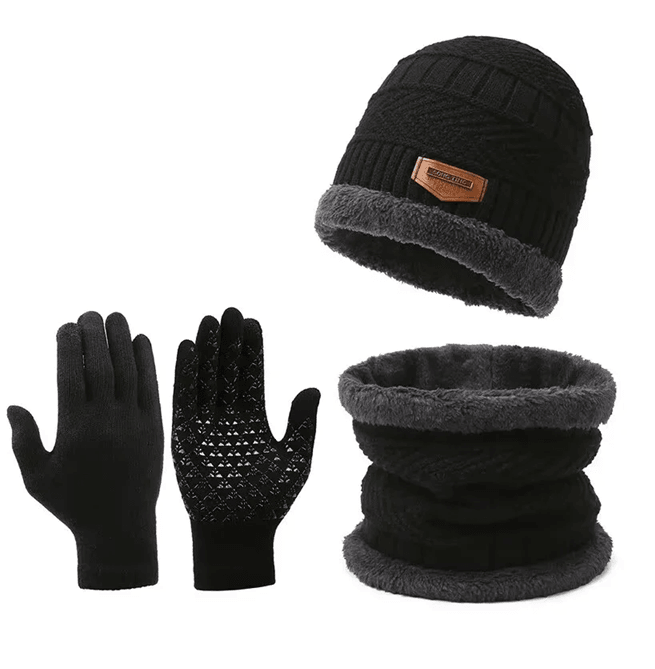 Mens Winter Windproof Hat Scarf and Gloves Set with Thermal Lining