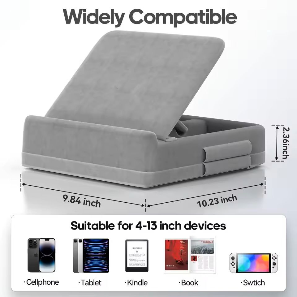 Foldable Tablet Pillow Stand with Storage and Stylus Holder