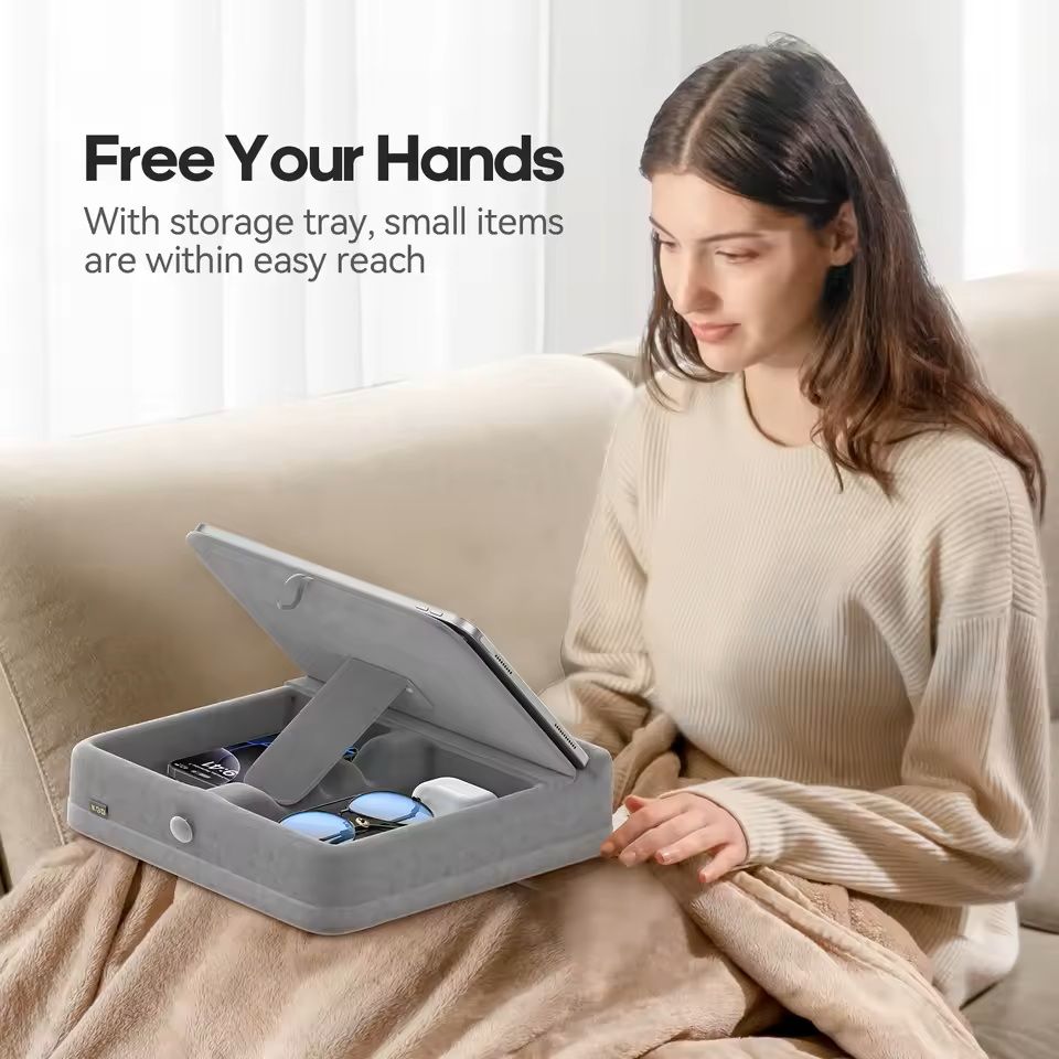 Foldable Tablet Pillow Stand With Storage And Stylus Holder 2