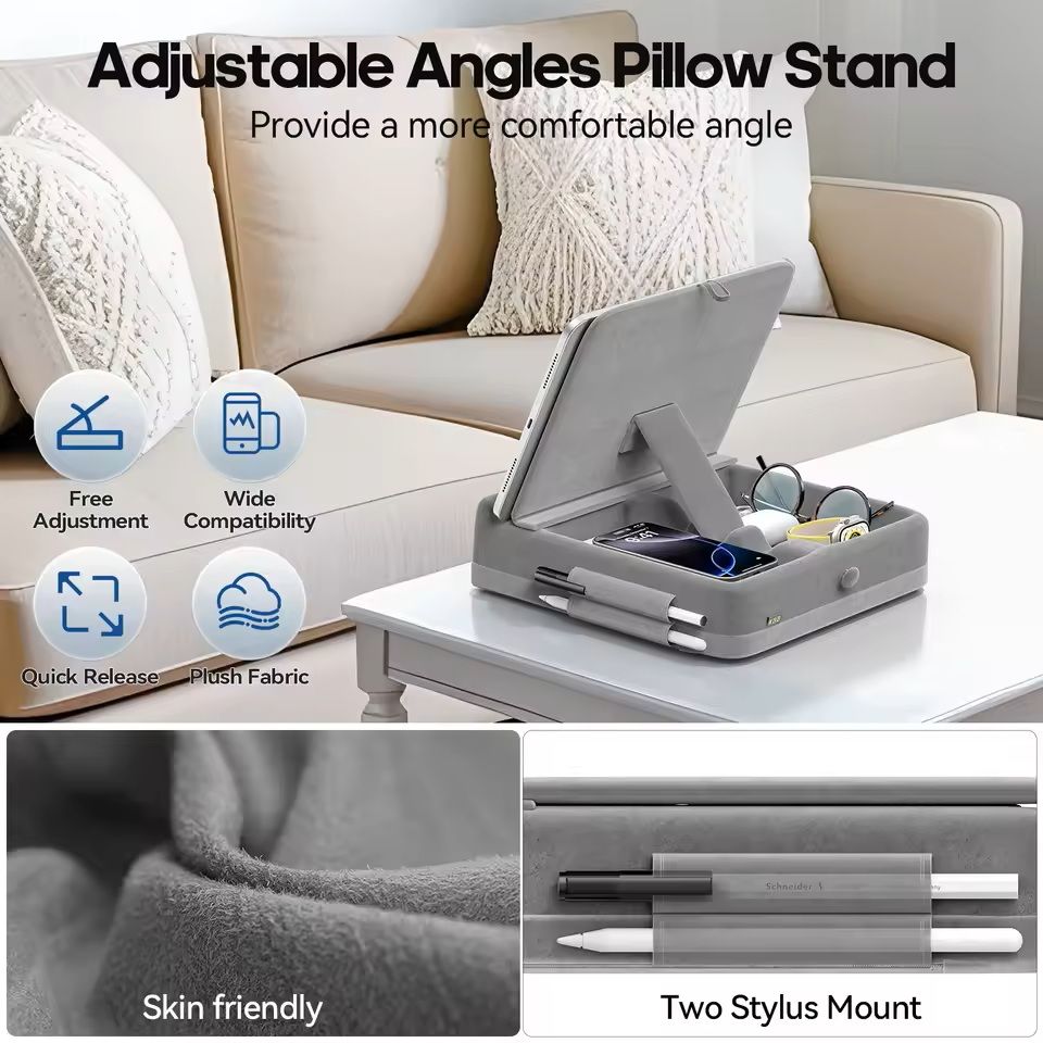 Foldable Tablet Pillow Stand With Storage And Stylus Holder 3