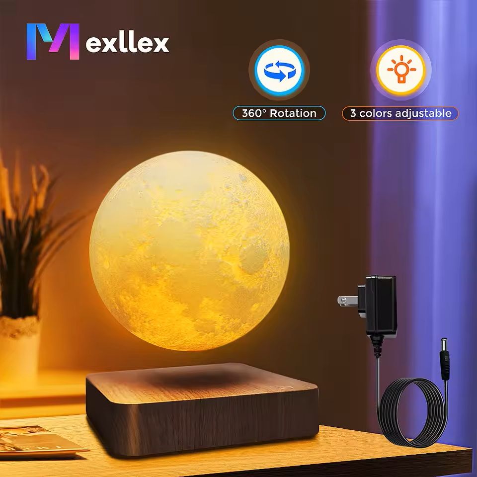 Levitating Magnetic Moon Lamp with 3 Color Modes and Wooden Base
