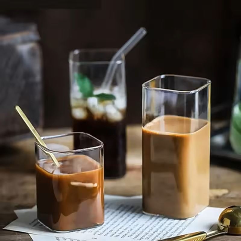 Square Clear Glass Cup with Straw for Cold Drinks