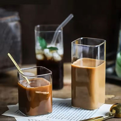 Square Clear Glass Cup with Straw for Cold Drinks