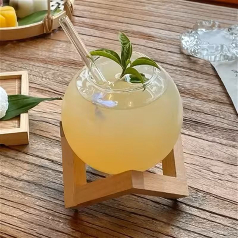 Creative Ronud Ball Glass Cup With Wood Stand Straw Wine Cocktail Glass Cup Transparent Moon Ball C 2