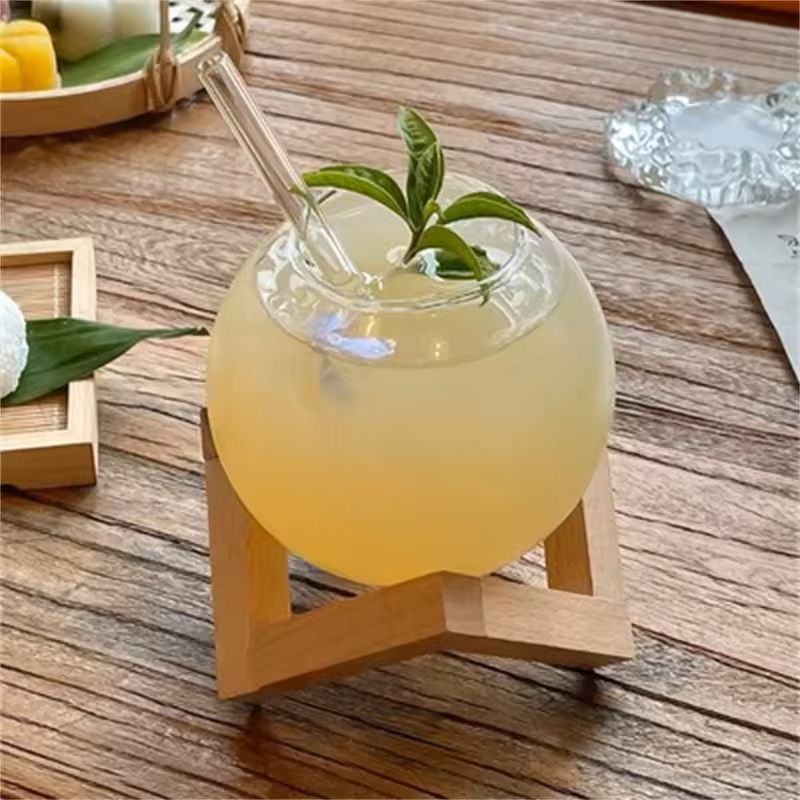 Creative Ronud Ball Glass Cup With Wood Stand Straw Wine Cocktail Glass Cup Transparent Moon Ball C 3