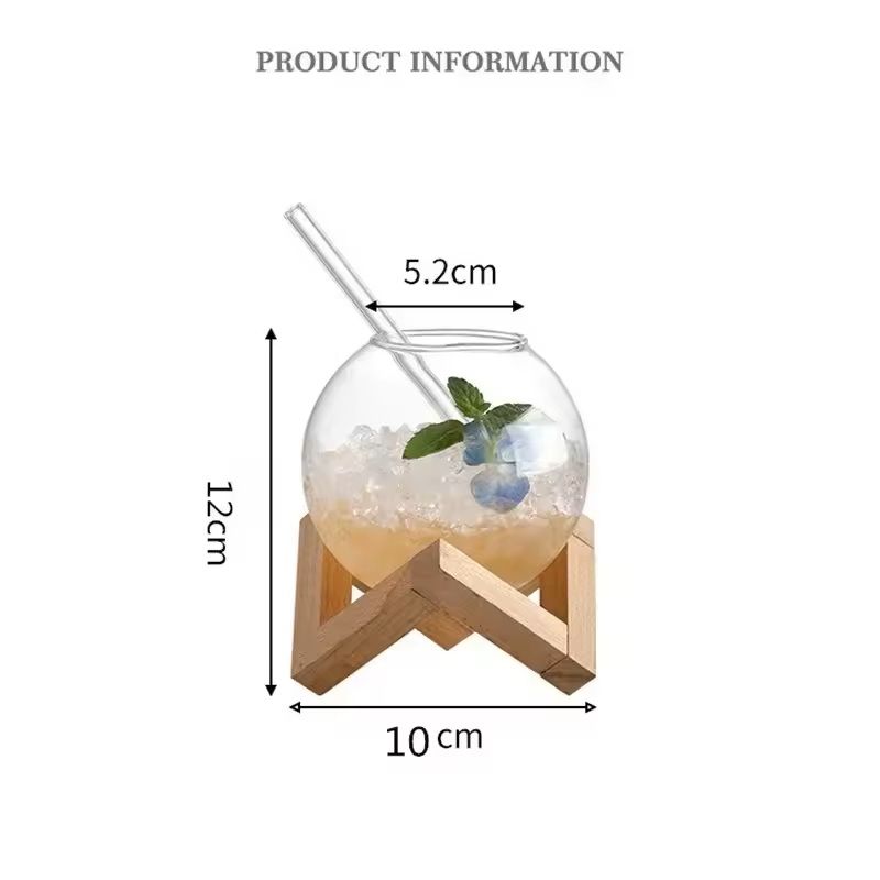 Creative Ronud Ball Glass Cup With Wood Stand Straw Wine Cocktail Glass Cup Transparent Moon Ball C 4