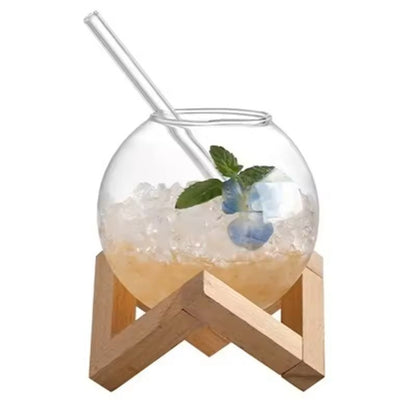 Creative Ronud Ball Glass Cup With Wood Stand Straw Wine Cocktail Glass Cup Transparent Moon Ball C 5