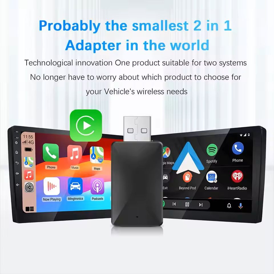 2-in-1 Wired to Wireless CarPlay and Android Auto Adapter with USB Plug