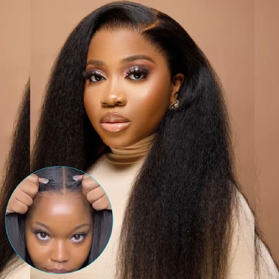 Kinky Straight Glueless Lace Wig Human Hair Pre-Cut 4x4 Closure
