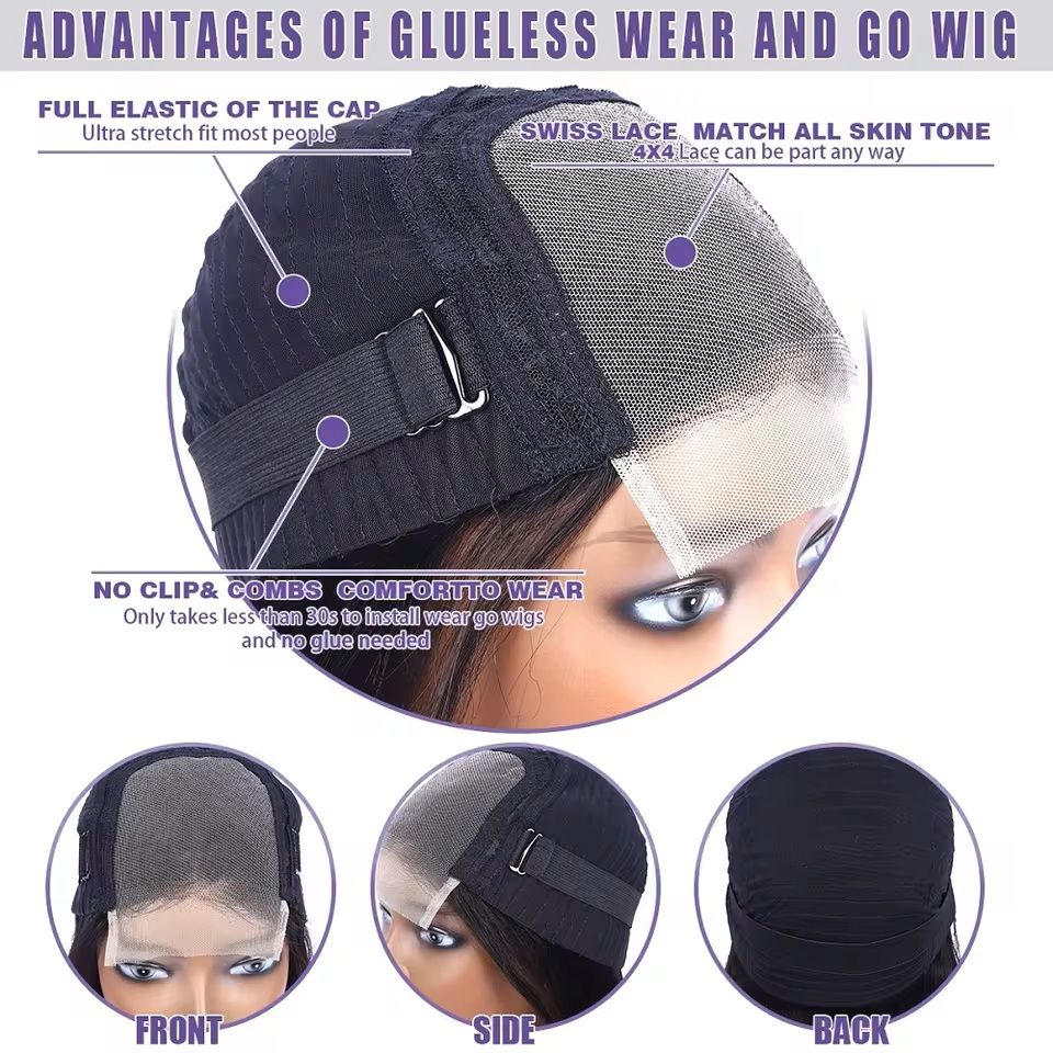 Kinky Straight Glueless Lace Wig Human Hair PreCut 4x4 Closure 5