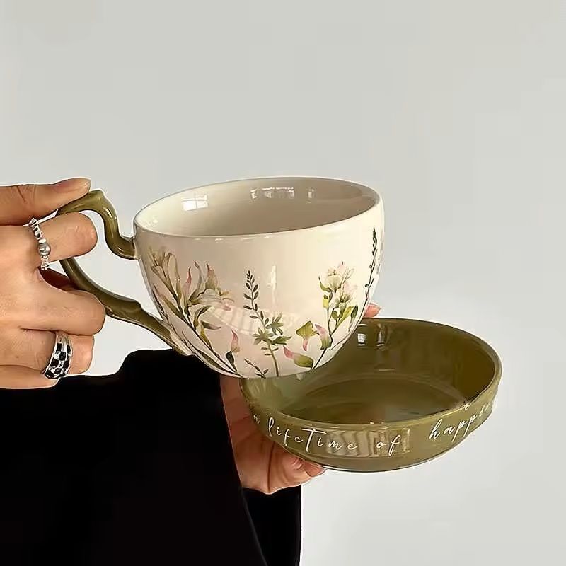 Large Ceramic Breakfast Mug With Lid And Saucer Retro Style 4