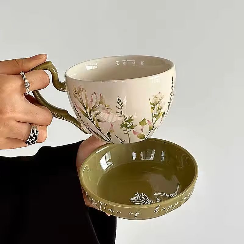Large Ceramic Breakfast Mug With Lid And Saucer Retro Style 5